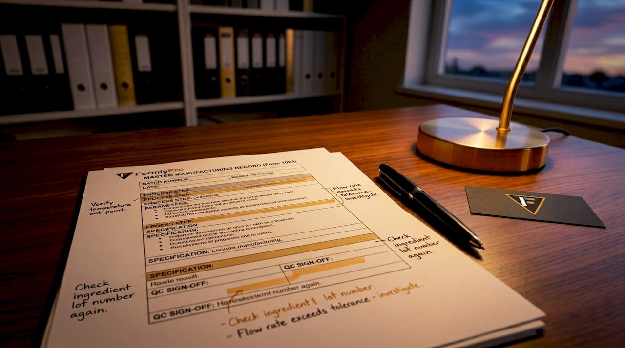 Master manufacturing record document on table