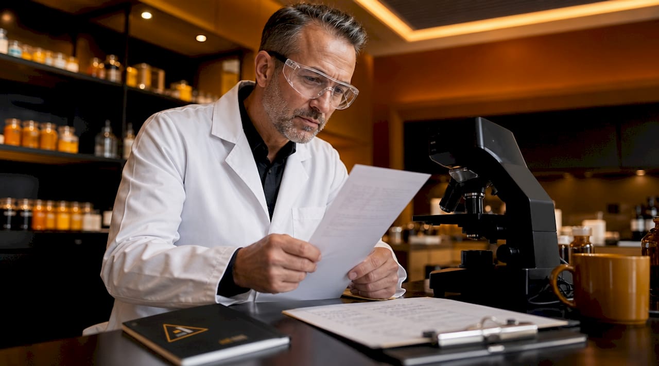 Scientist analyzing formulation test results
