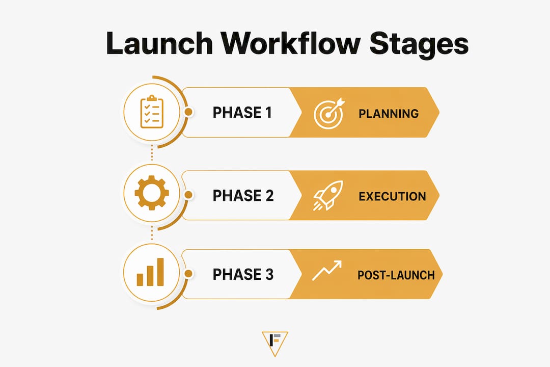Infographic showing three stages of product launch workflow