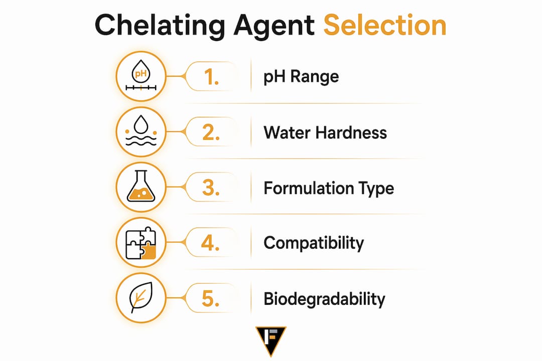 Infographic displaying factors for selecting chelating agents