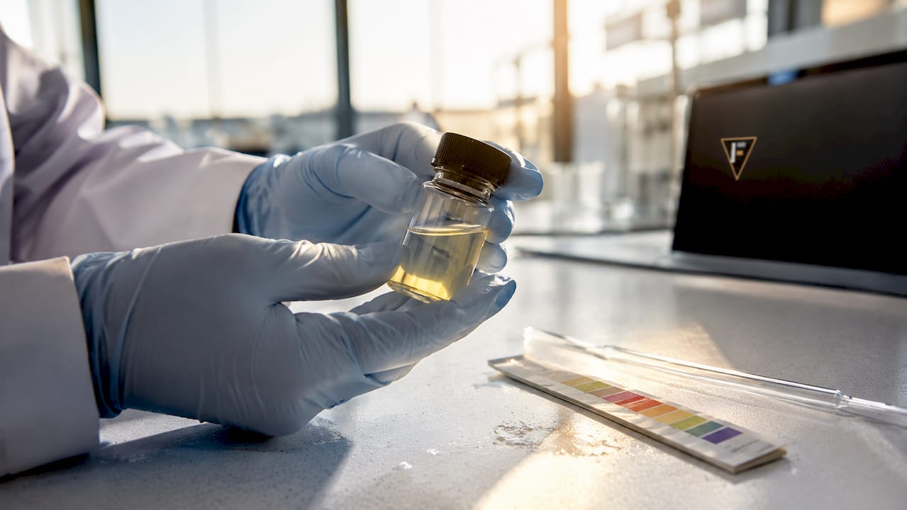 Close-up of scientist holding chelated metal ion vial