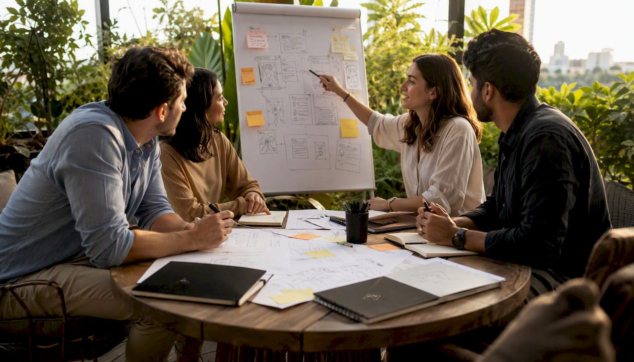 Team discussing brand architecture types in meeting room