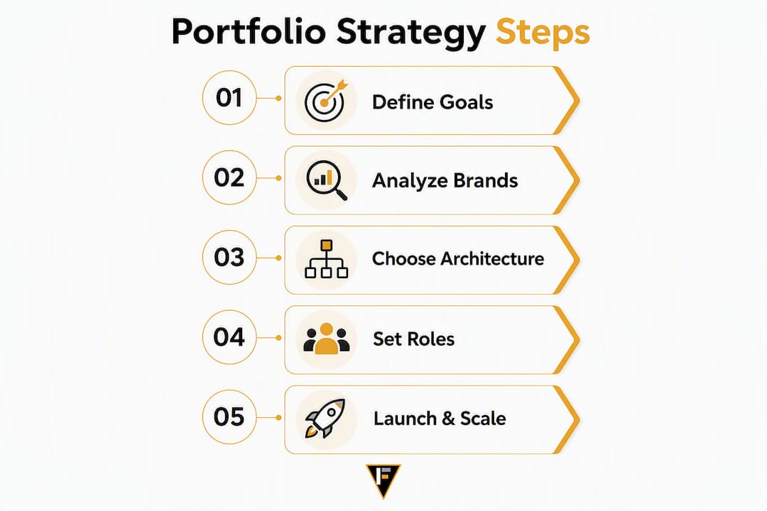 Infographic showing five key steps of multi-brand portfolio strategy
