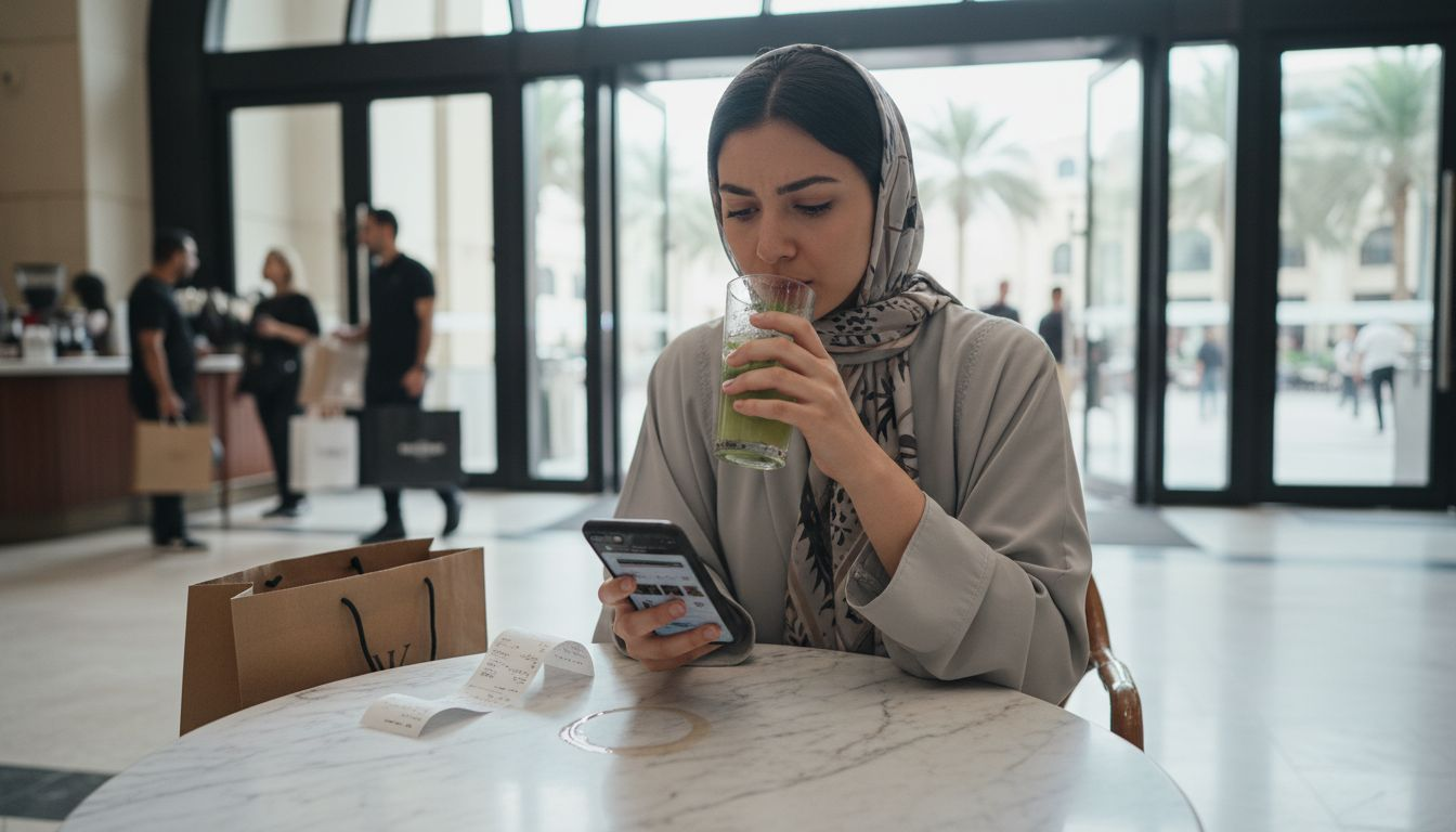 Web Design Dubai 2 Woman shopping on smartphone at Dubai mall café