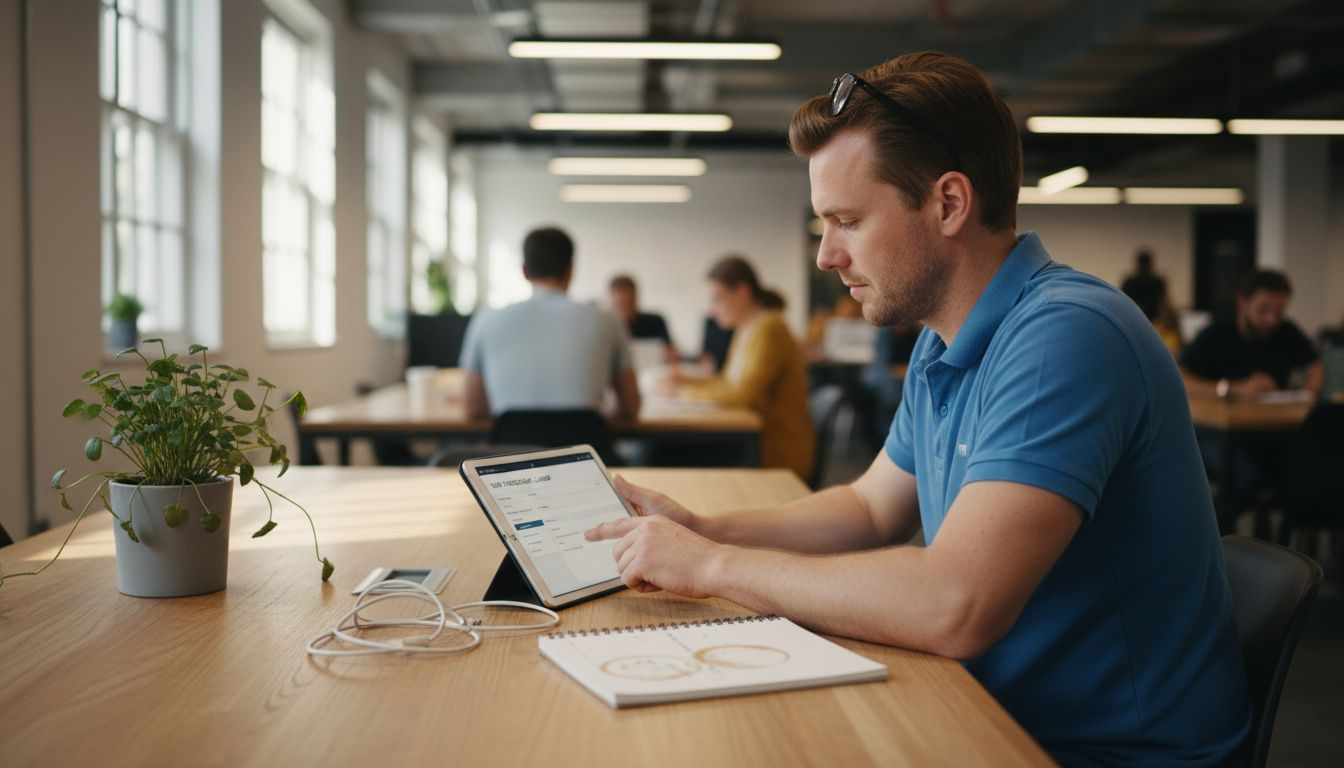 Marketing manager configuring AI email campaign in coworking space