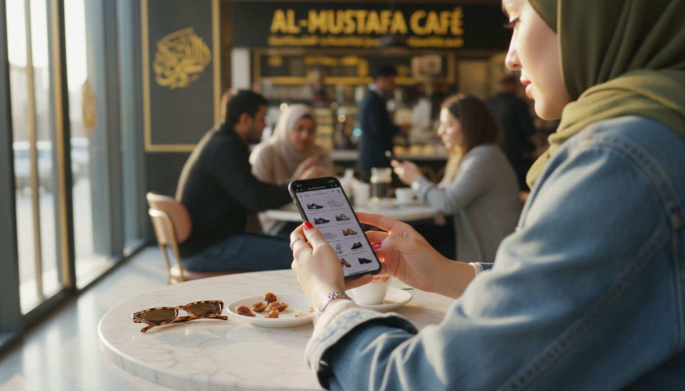 Woman shopping online on smartphone in Dubai café