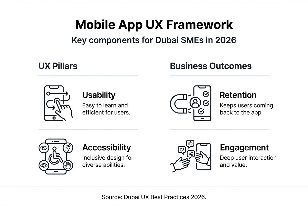 Infographic showing UX framework pillars and outcomes