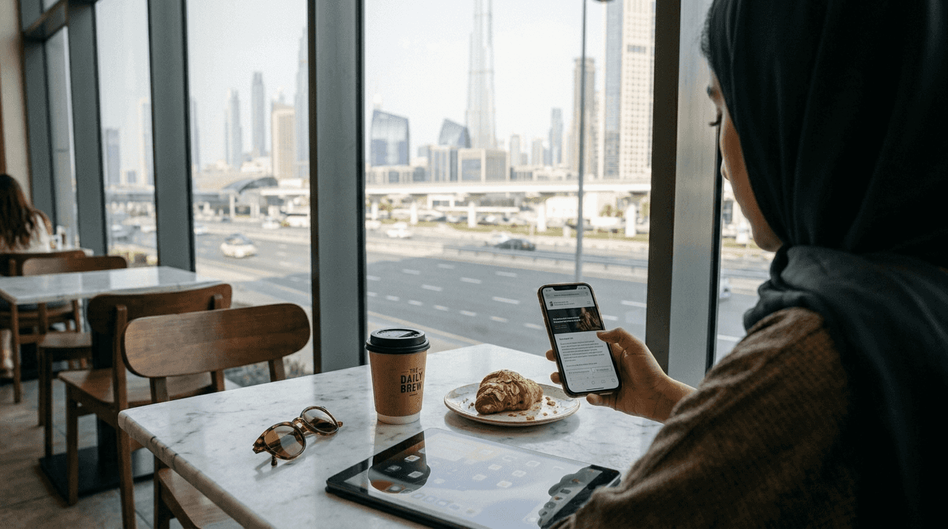 Woman browsing website on phone in Dubai café