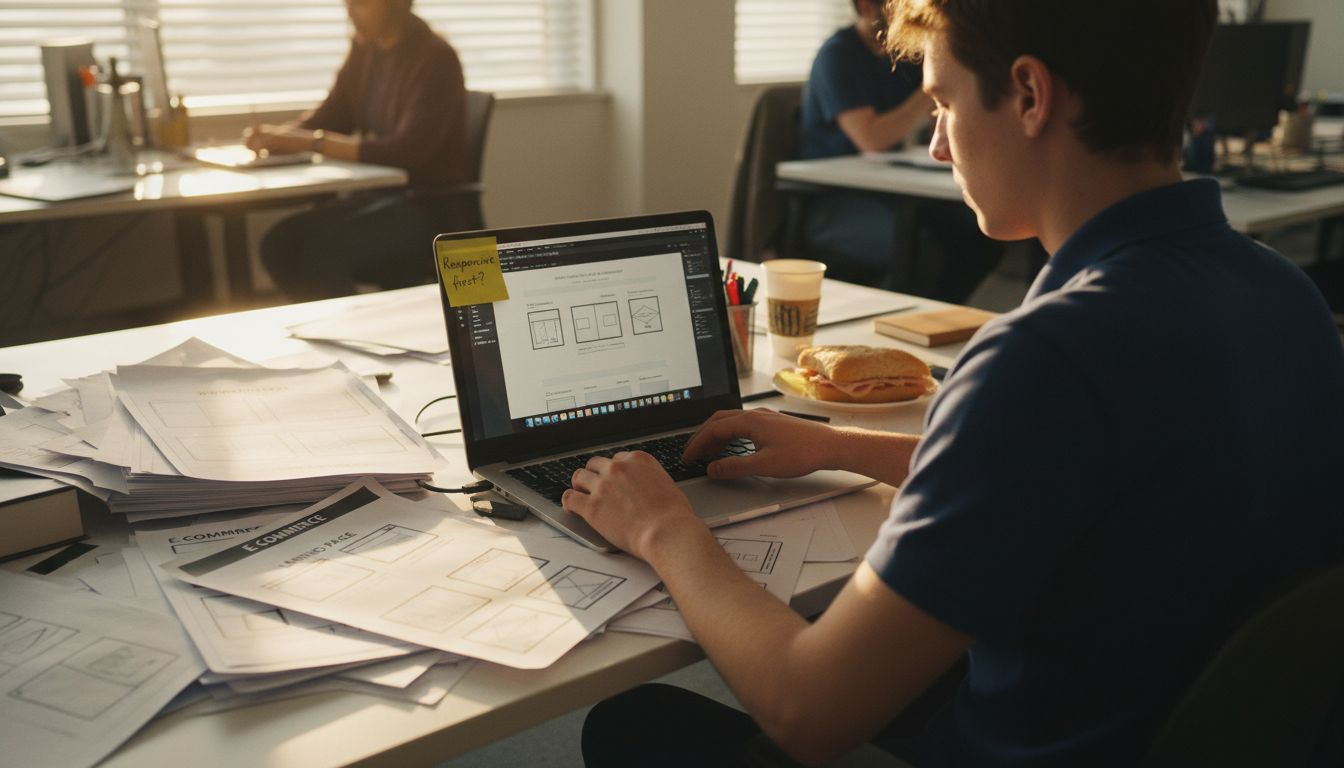 Web designer comparing website types at desk