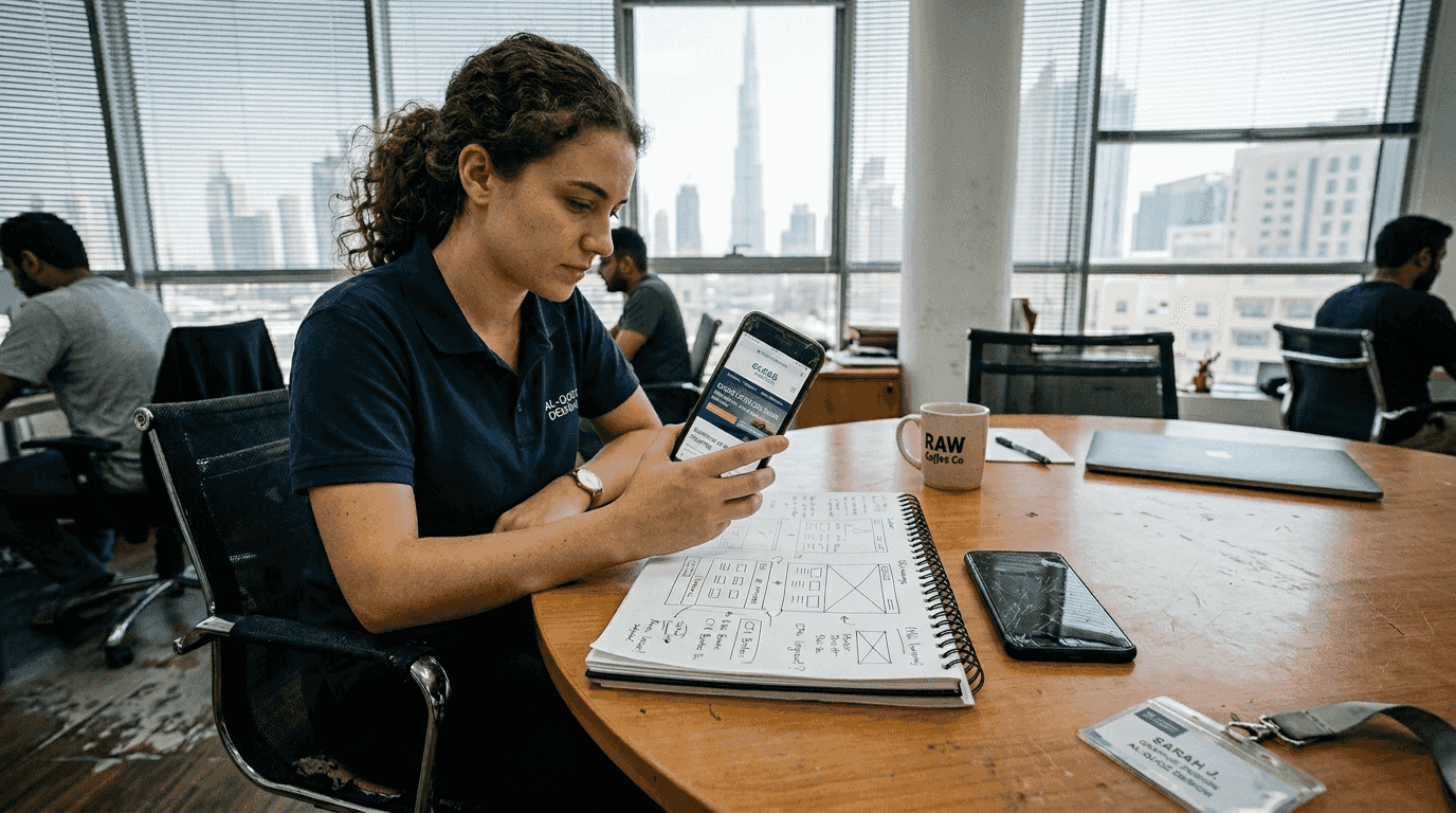 Designer reviewing mobile website layout