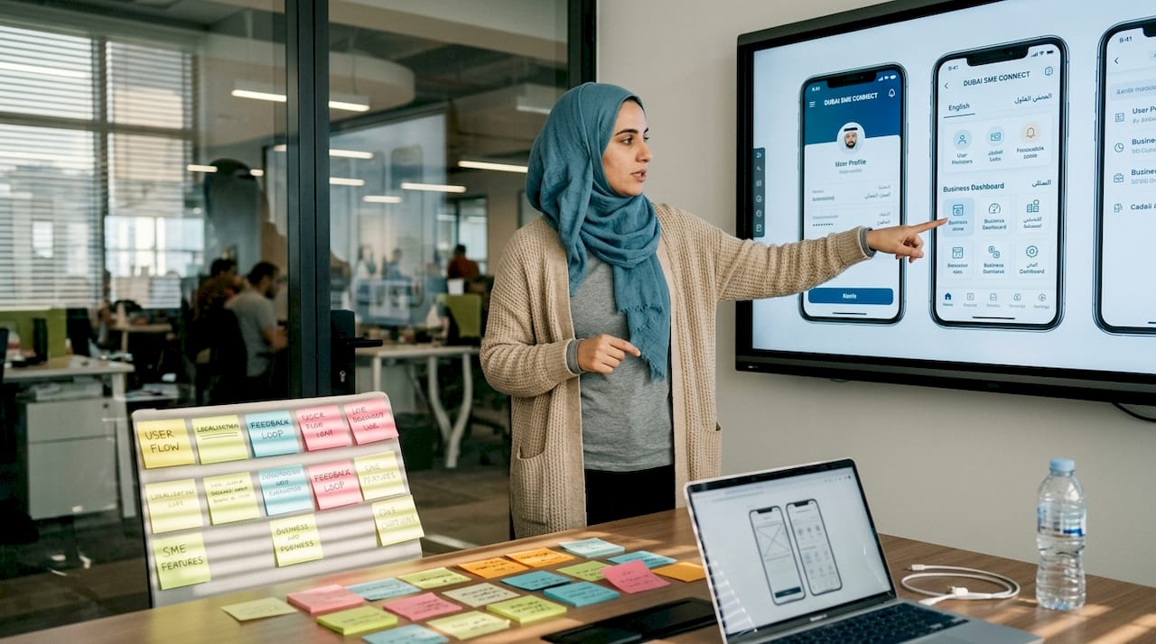 UX designer presenting bilingual app interface