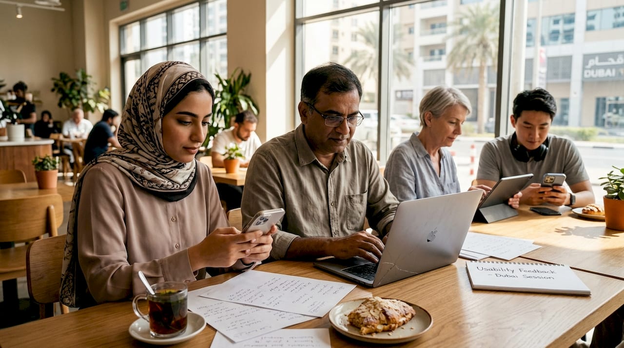Web Design Dubai 2 Diverse Dubai users testing website in café