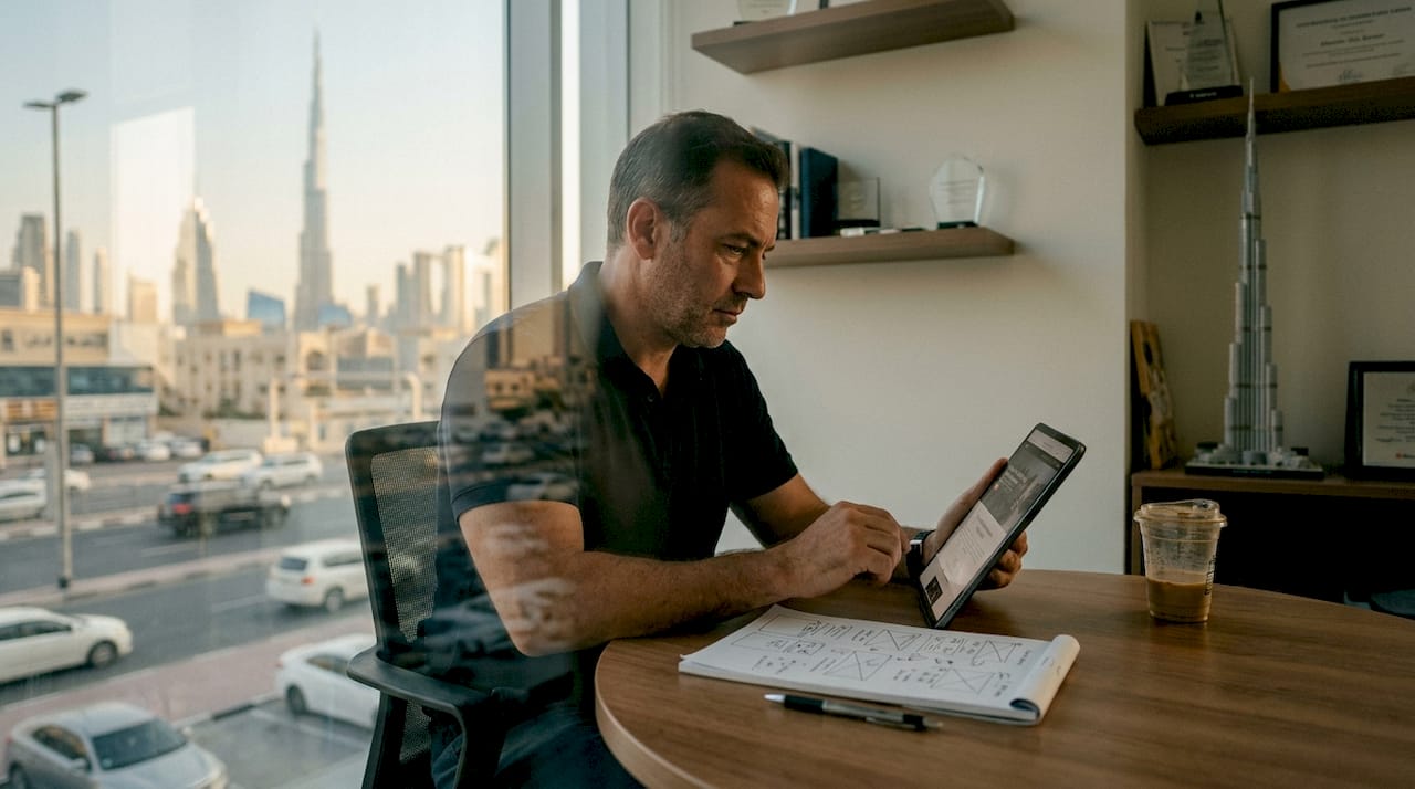 Business owner reviewing website on tablet