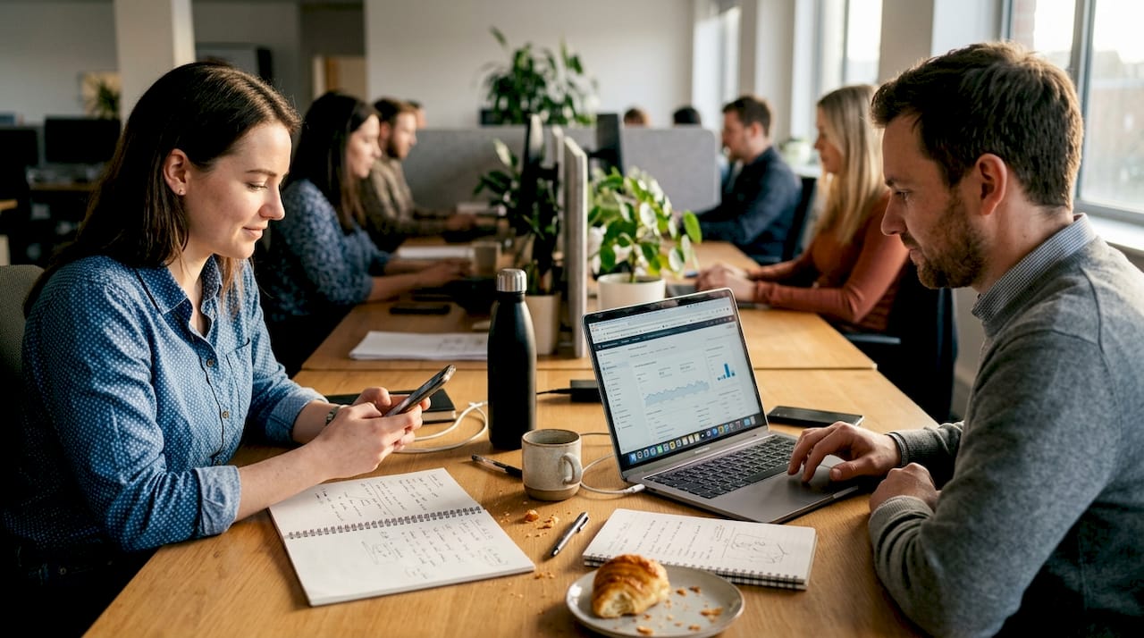 Colleagues testing responsive website on devices