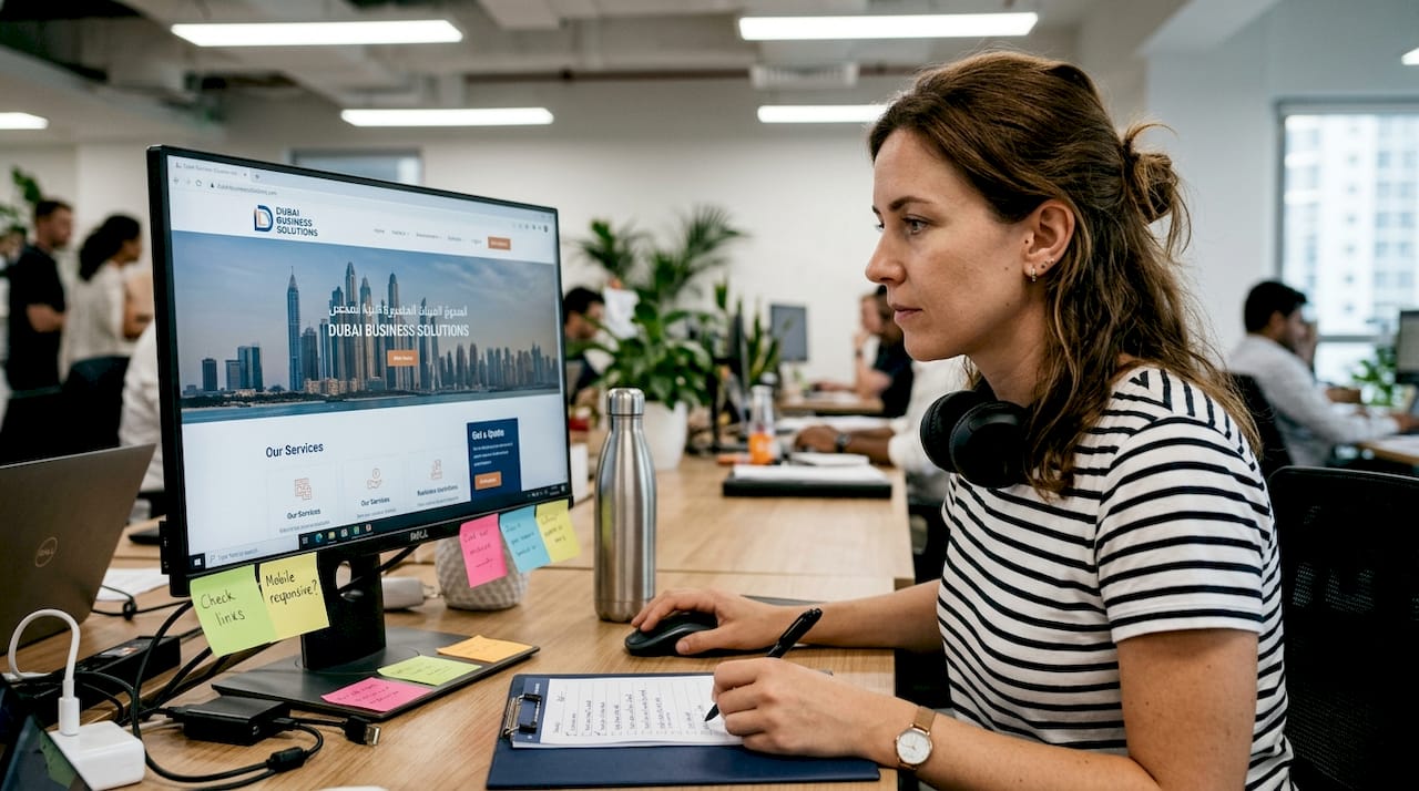 Web designer reviewing Dubai business website