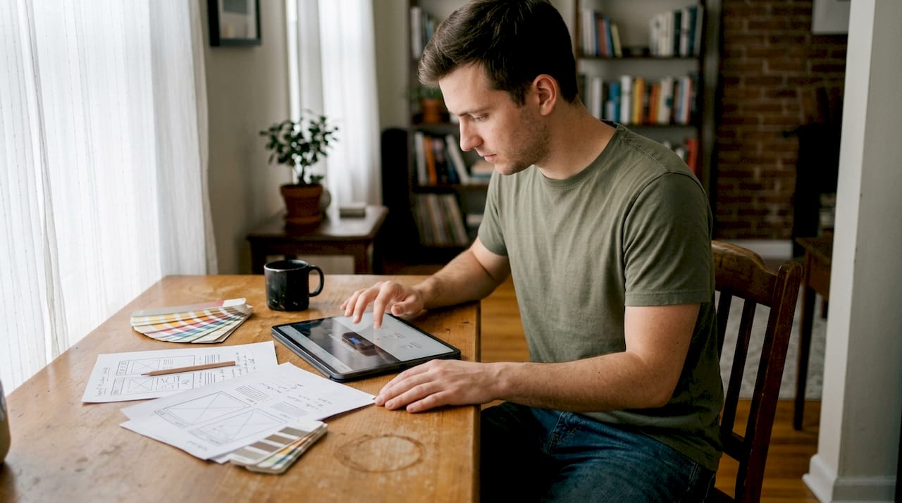 Web Design Dubai 2 Web designer reviewing site mockup on tablet