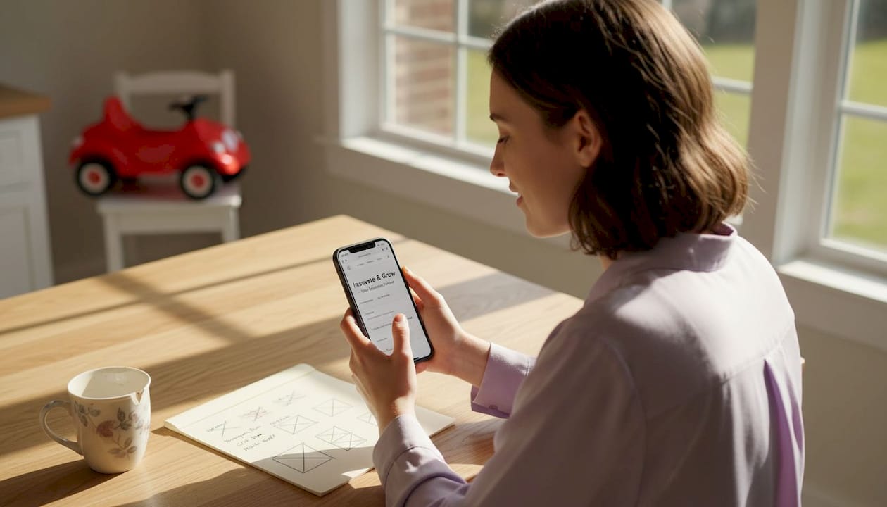 Woman testing mobile website at kitchen counter