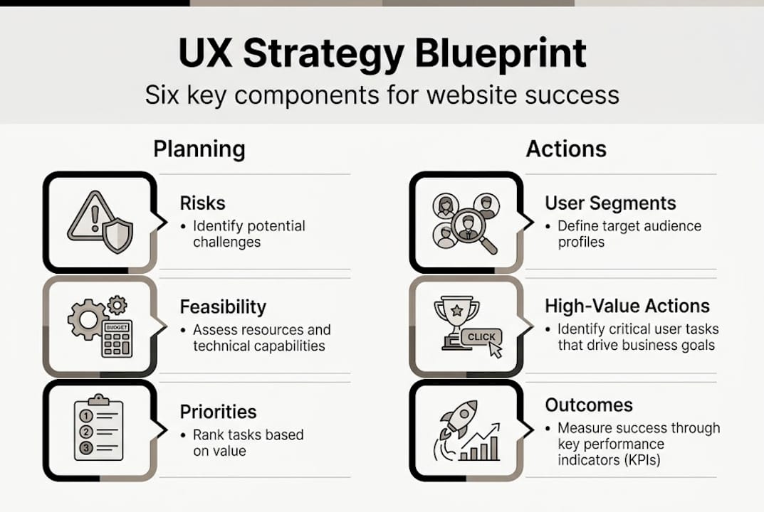 Web Design Dubai 2 Infographic showing six UX strategy components