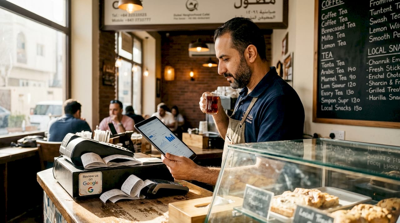Web Design Dubai 1 Dubai café owner researching local SEO