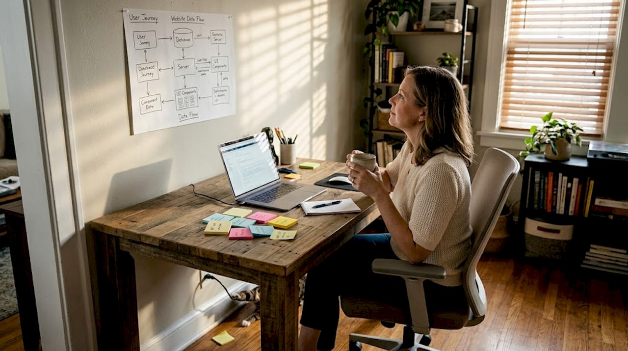 Woman performing website data audit at home desk