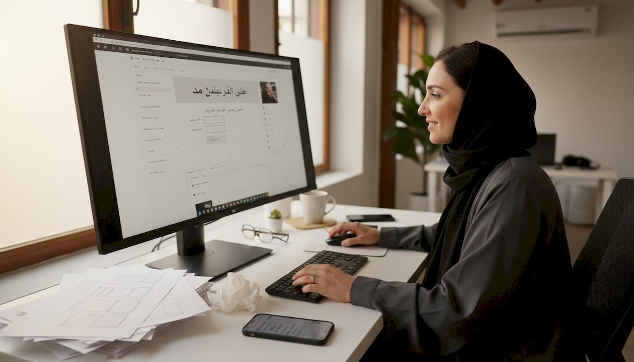 Designer aligning Arabic text on website screen