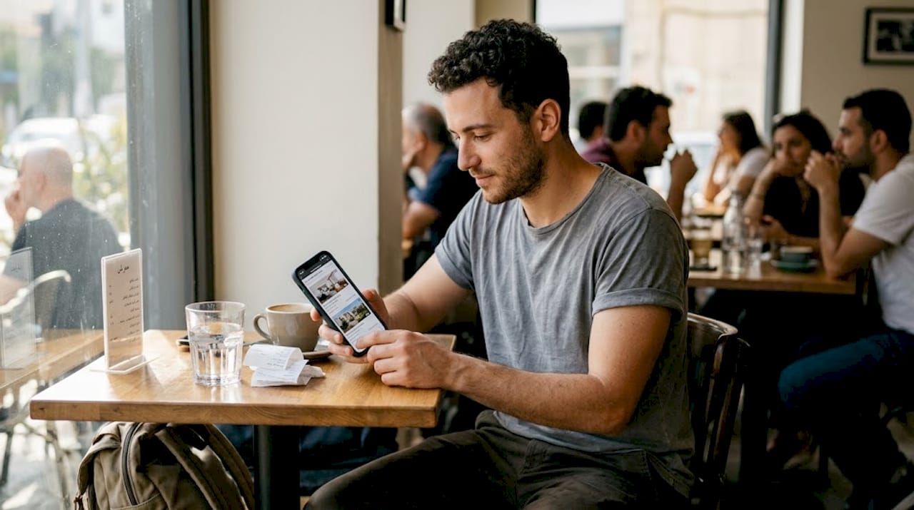 Man searching properties on mobile at café