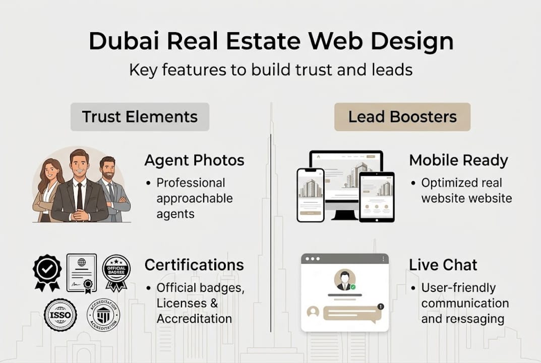 Infographic showing trust and lead features in real estate web design