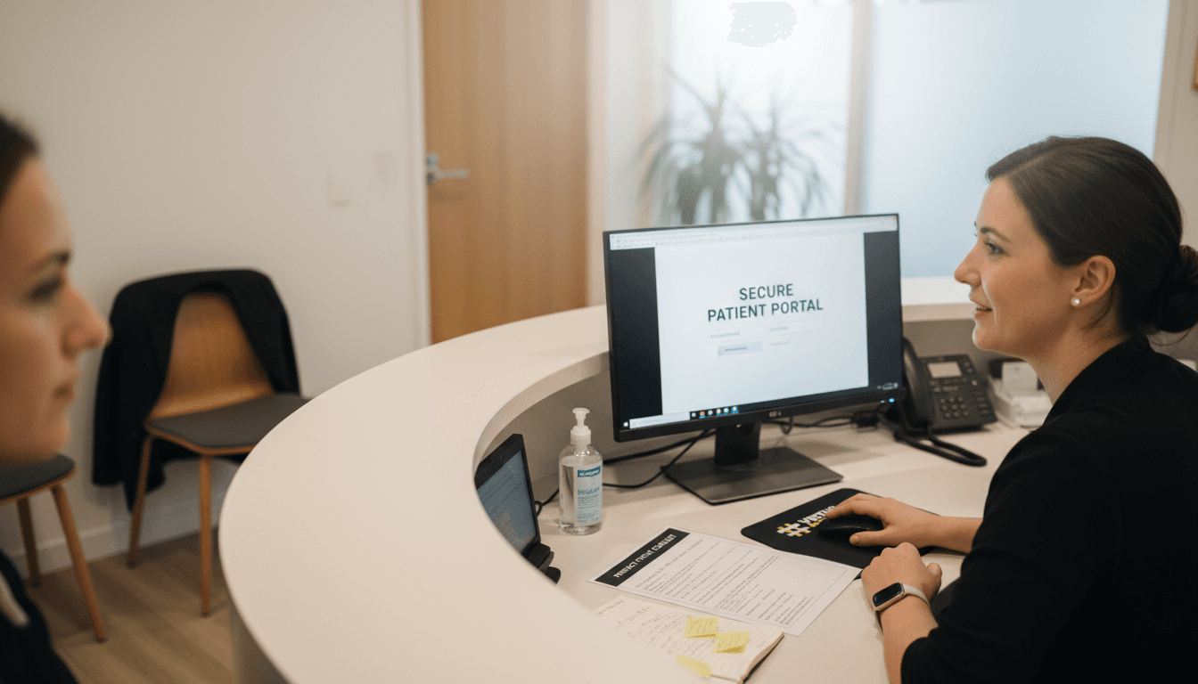 Medical Web Design: Boosting Clinic Success Online 1 Web Design Image Receptionist discusses secure patient portal with visitor