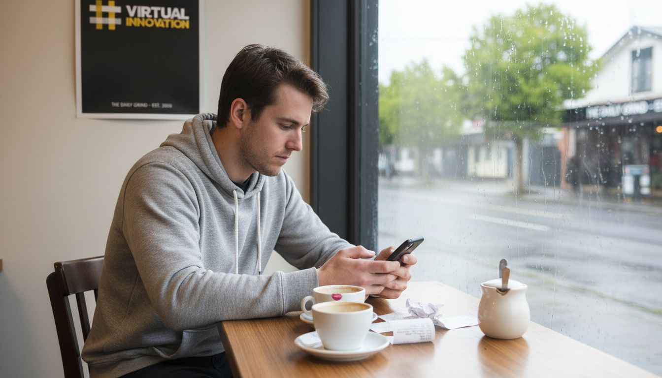 Why update your website in 2026: 15% revenue boost for NZ SMEs 1 Web Design Image Customer checking website in New Zealand café