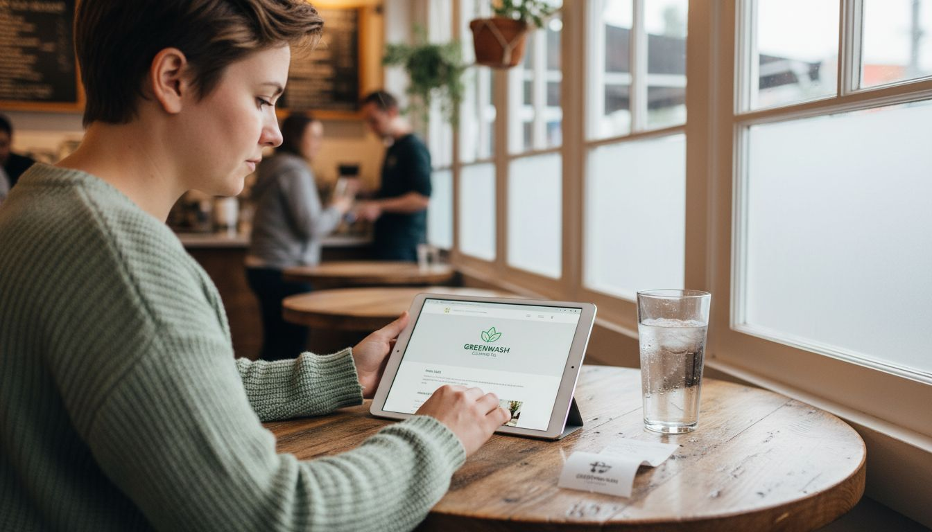 Business owner reviewing eco cleaning website in café