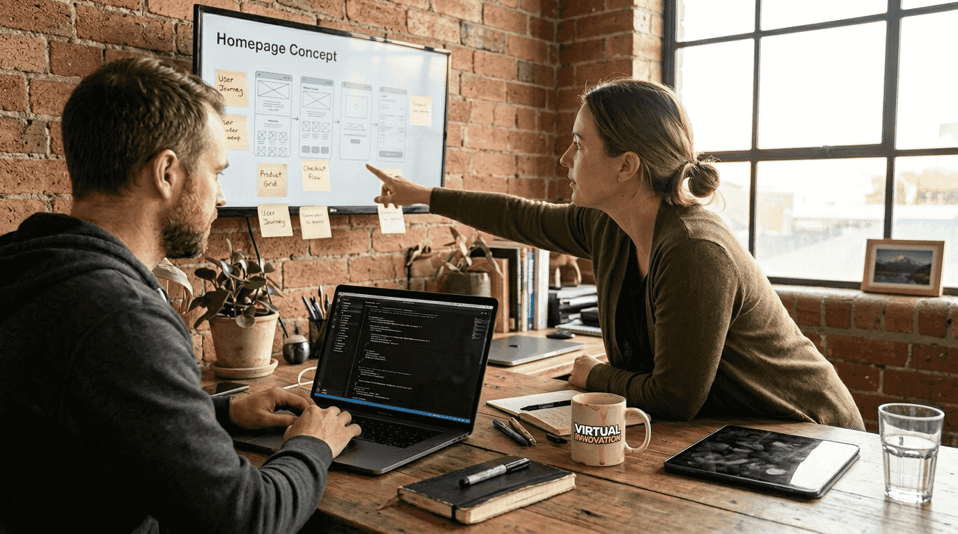 Master the website redesign process: guide for NZ SMEs 1 Web Design Image Web designers collaborating on redesign mockups
