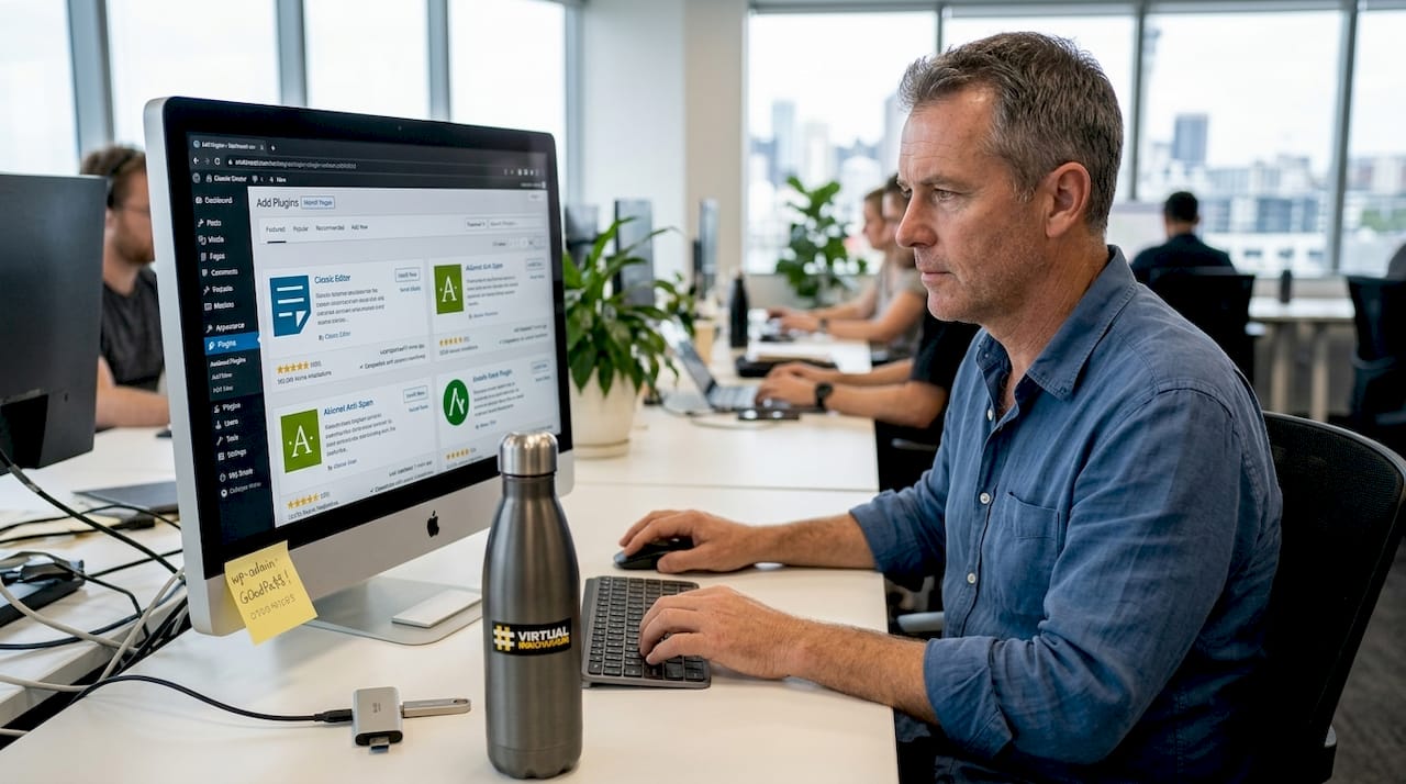 WordPress setup step by step: a clear guide for NZ businesses 1 Web Design Image Man installing plugins on WordPress dashboard
