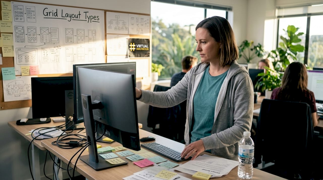 Explore types of website layouts to boost your NZ business 1 Web Design Image Web designer demonstrating grid layout workspace