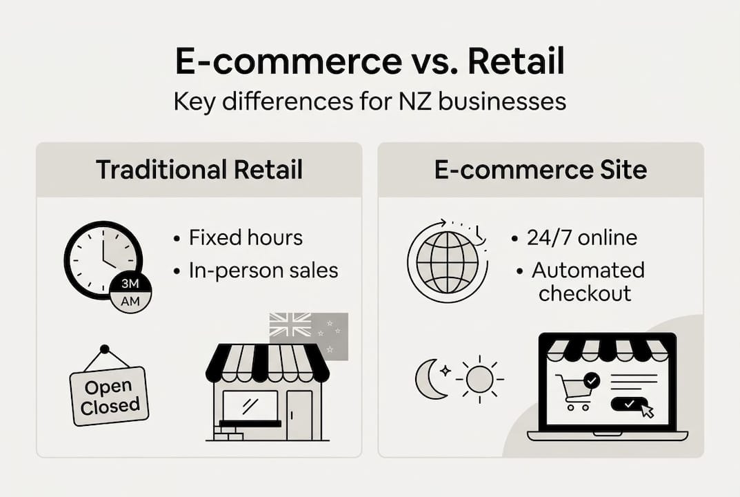 What is an e-commerce website? Simple guide for NZ businesses 1 Web Design Image Infographic comparing e-commerce with traditional retail in NZ