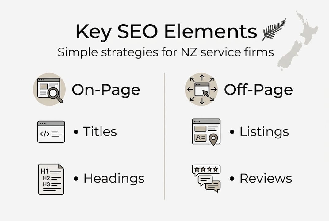 What is SEO for small business? Boost your NZ service business online 2 Web Design Image Infographic showing SEO strategy elements