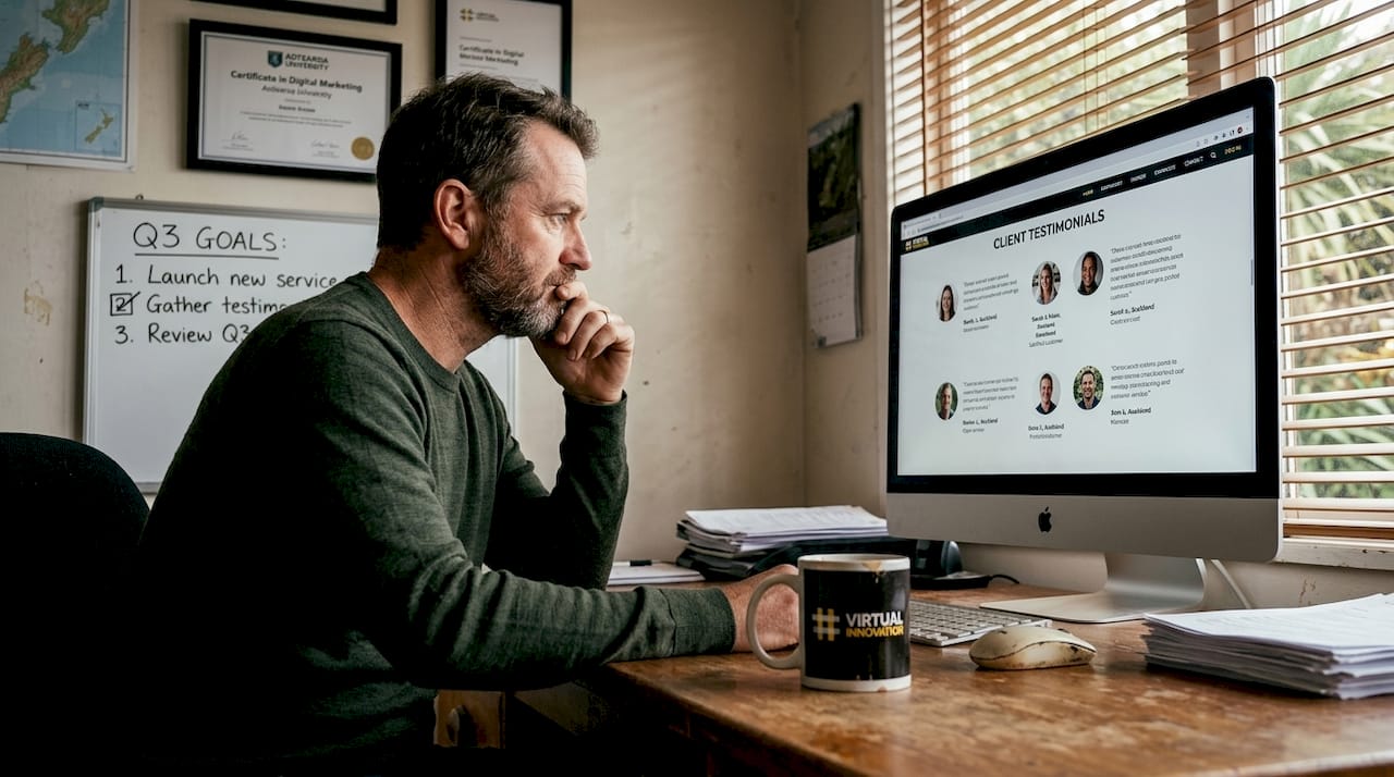 Website homepage essentials: engage and convert customers 1 Web Design Image Business owner reviewing website trust signals