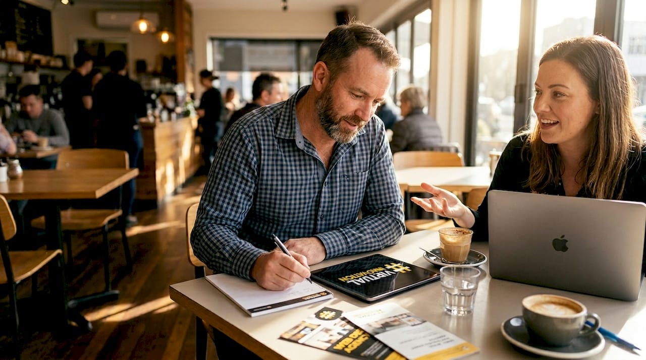 Top advantages of custom web design for NZ service businesses 1 Web Design Image Client and web consultant meeting in café