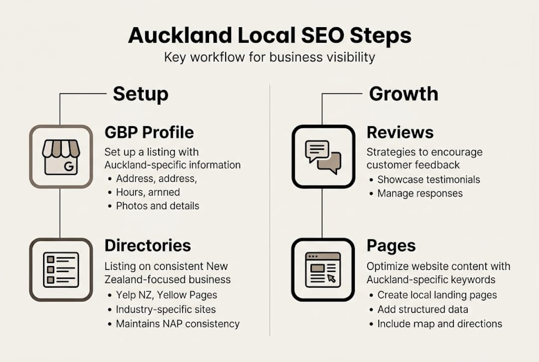 Step-by-step local SEO workflow for Auckland businesses 1 Web Design Image Infographic summarising Auckland local SEO workflow