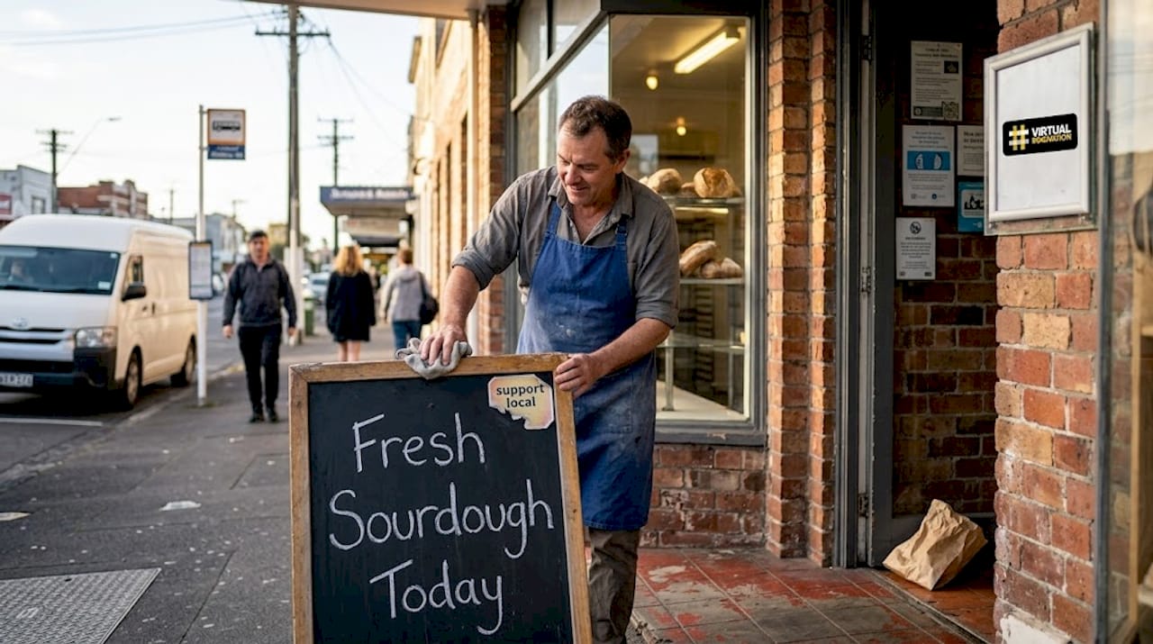 Why local SEO matters: grow your NZ business in local search 2 Web Design Image Shopkeeper cleans chalkboard outside NZ bakery