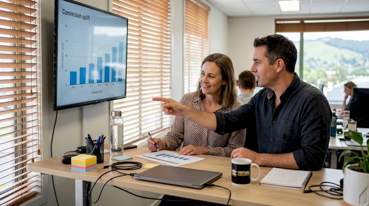 Analytics in web design: boost conversions by 120% 1 Web Design Image Team reviewing conversion uplift analytics results