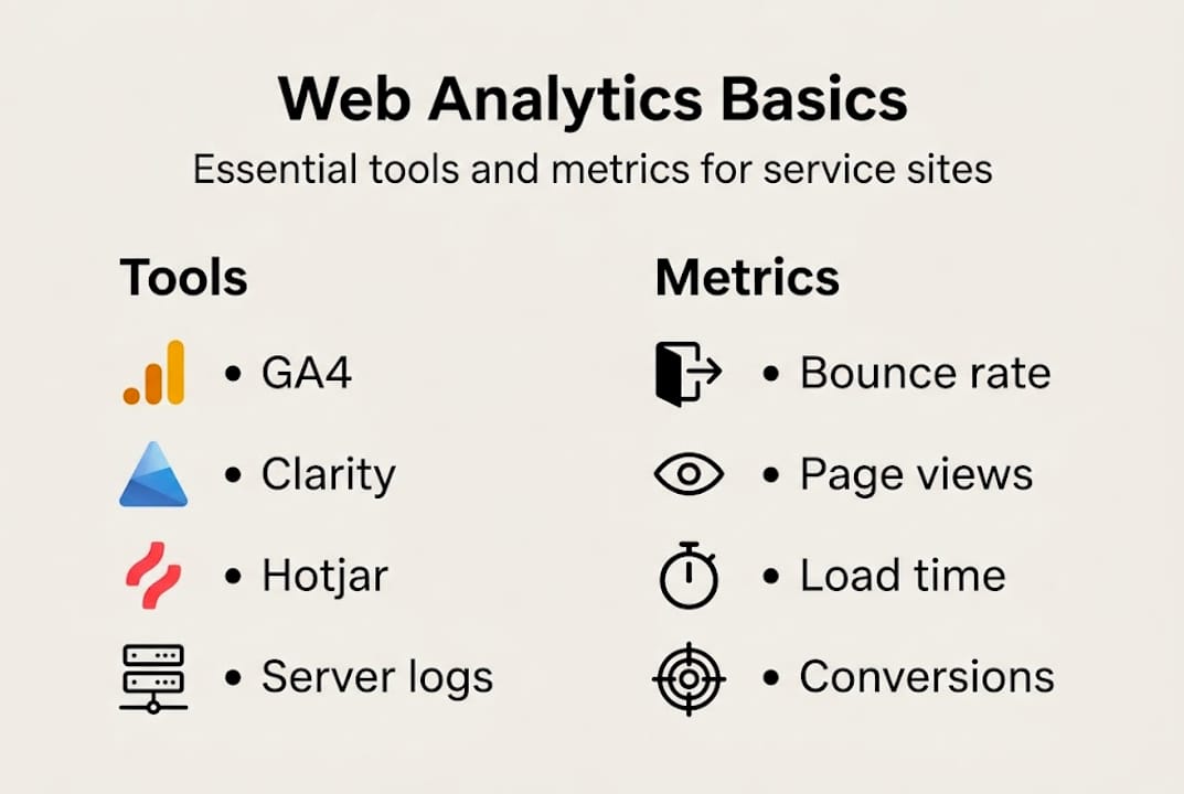Analytics in web design: boost conversions by 120% 2 Web Design Image Infographic showing web analytics tools and metrics