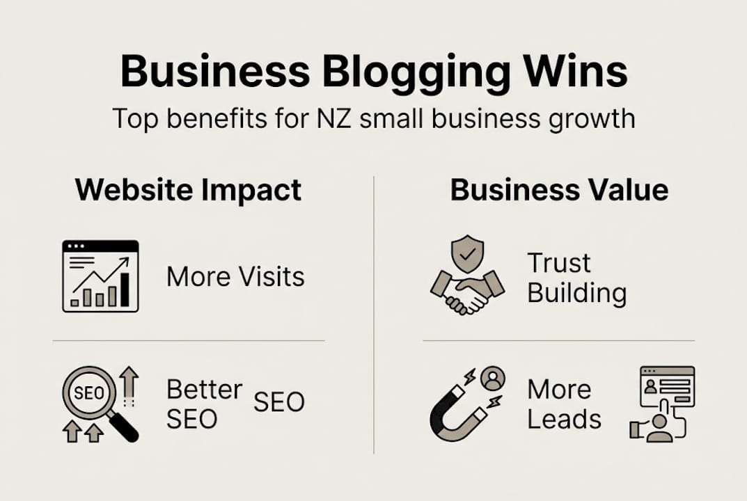 Boost your NZ small business with strategic blogging 2 Web Design Image Infographic showing business blogging benefits