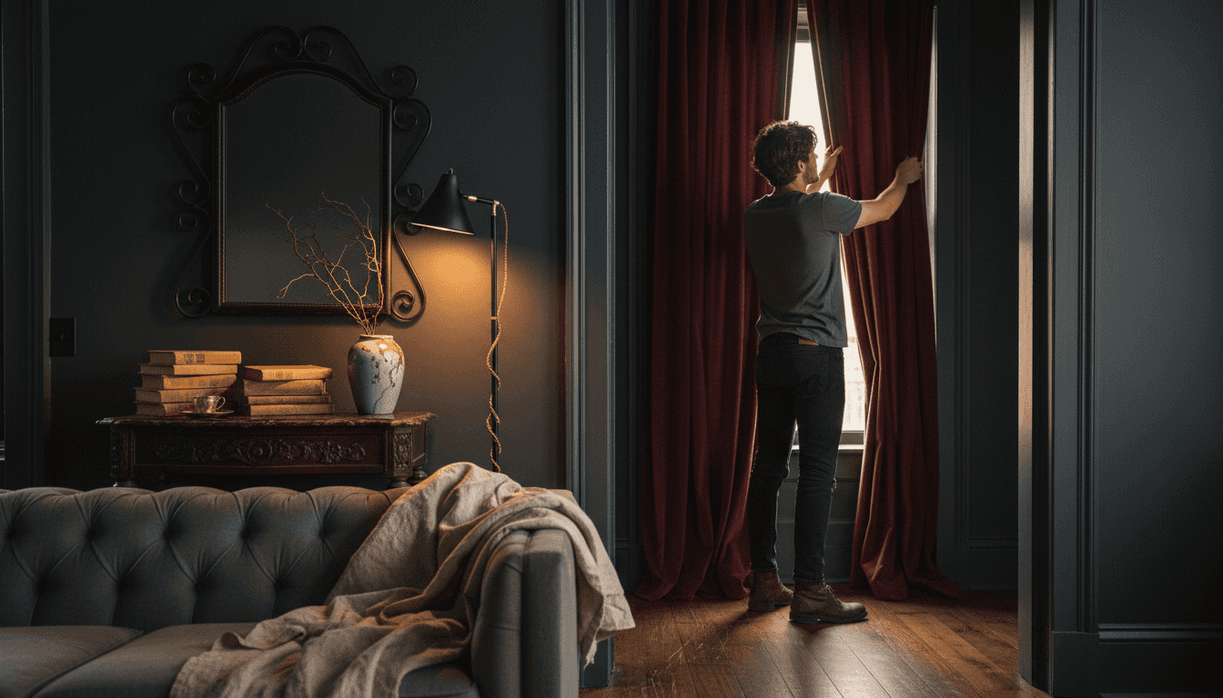 Designer arranging modern gothic living room decor