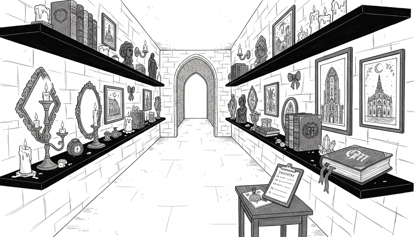 Man organizing gothic art on stone wall shelves