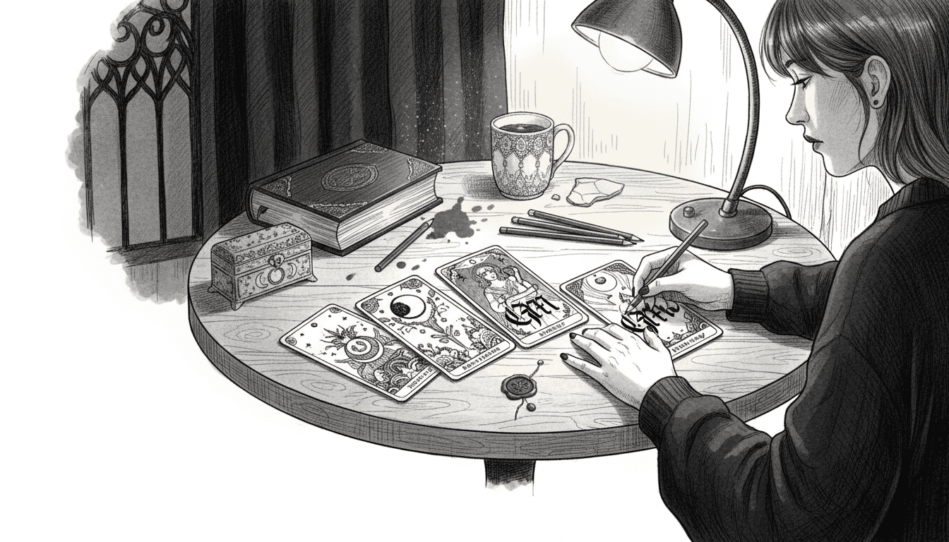 Goth illustrator coloring occult tarot card scene