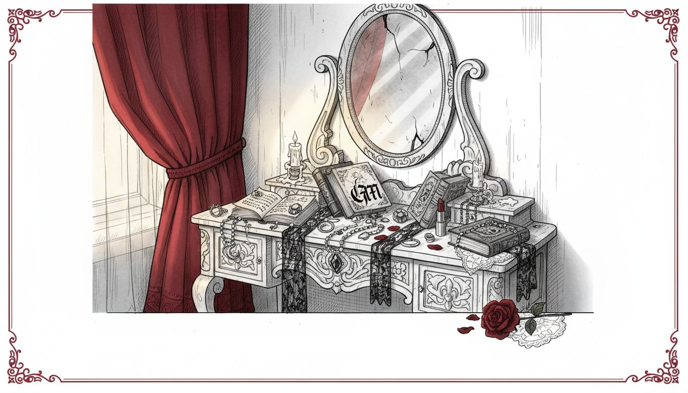 Gothic fashion styled at cluttered vanity