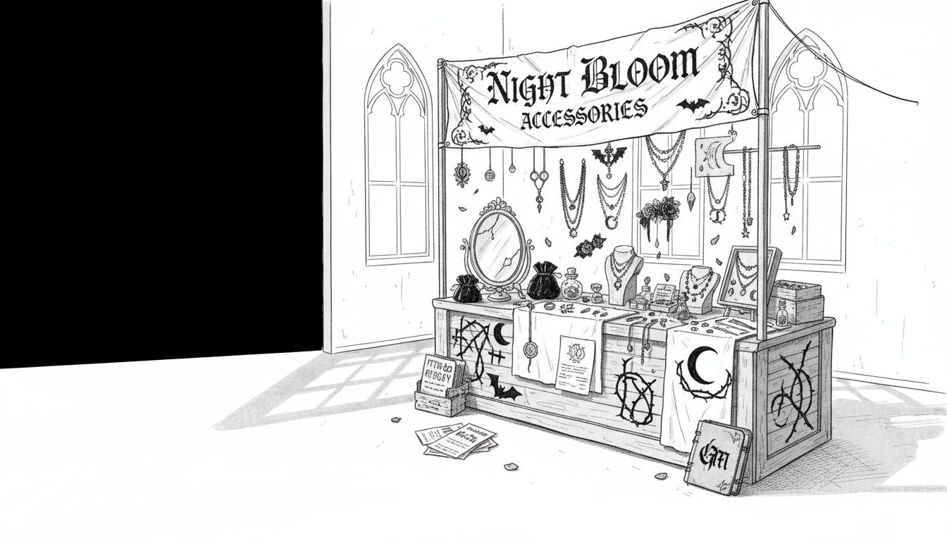 Goth shoppers browsing handmade accessories booth