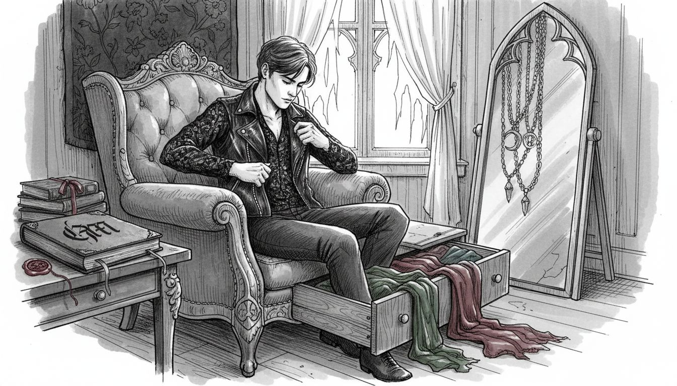 Man layering gothic lace and leather clothing