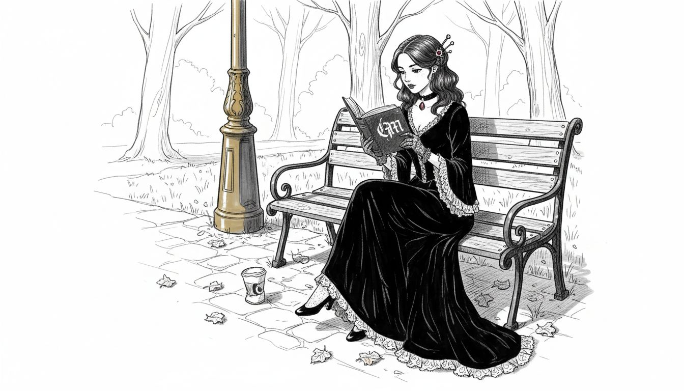 Romantic goth in Victorian style reading outdoors
