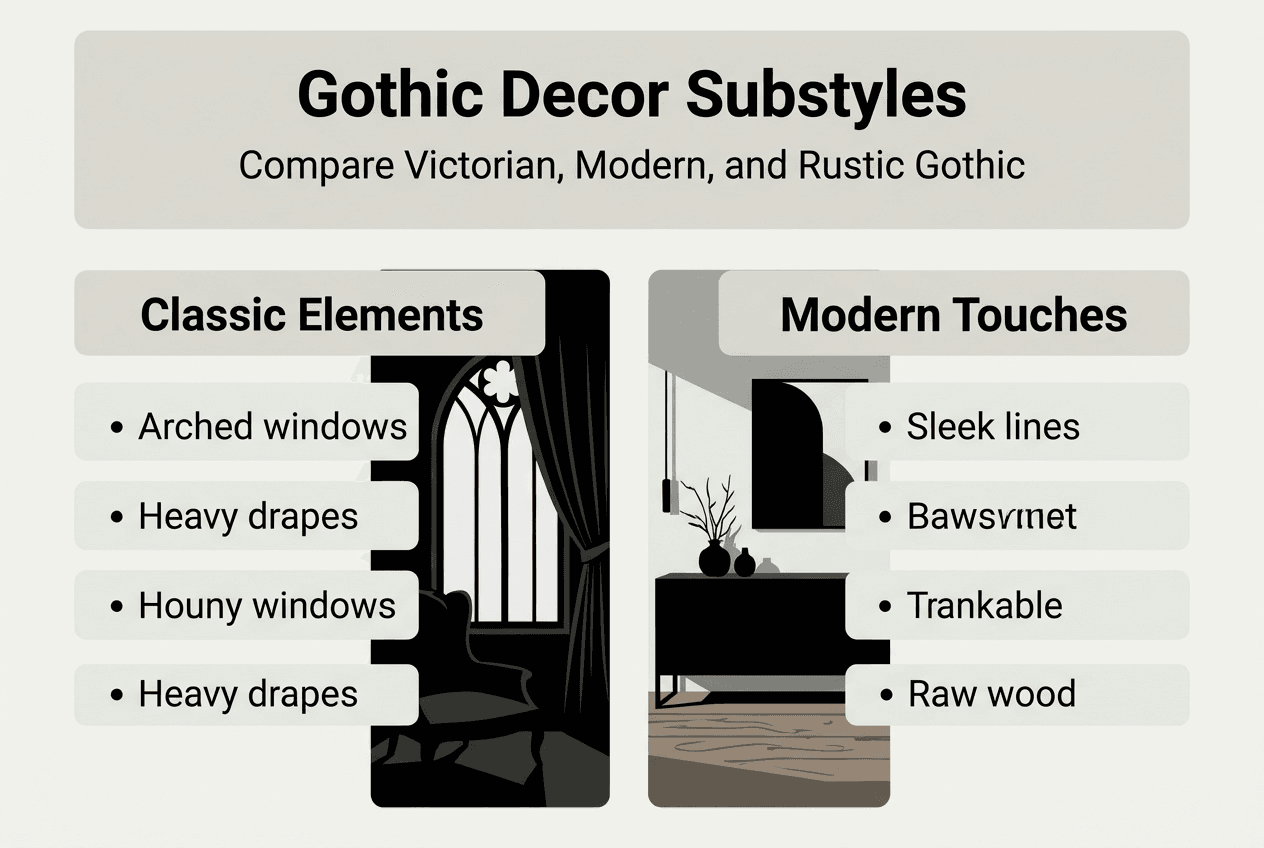 Infographic comparing gothic decor substyles